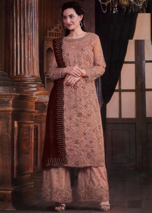 Peach Thread Embroidered Net Palazzo Set