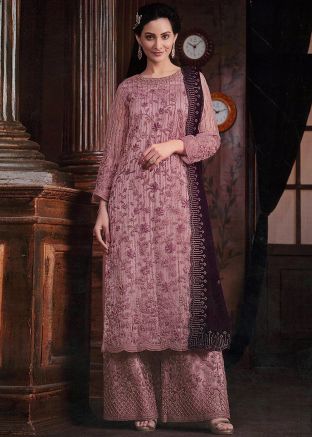 Pink Net Palazzo Suit In Thread Embroidery