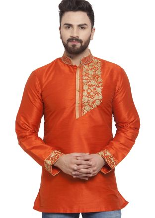 Readymade Embroidered Orange Short Kurta