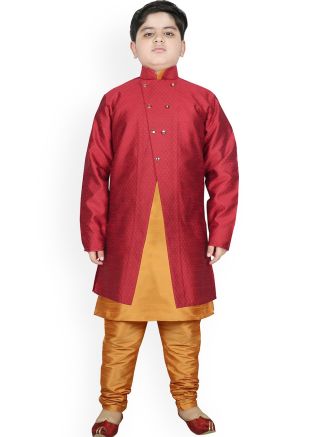 Readymade Golden Kids Kurta Pajama & Maroon Jacket