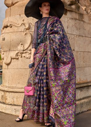 Blue Digital Printed Organza Saree 