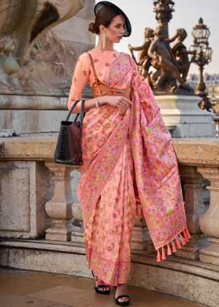 Peach Digital Printed Saree In Organza 