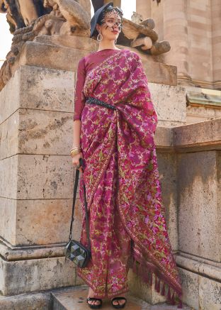 Pink Digital Printed Saree In Organza 