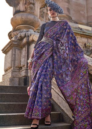 Purple Digital Printed Saree & Blouse