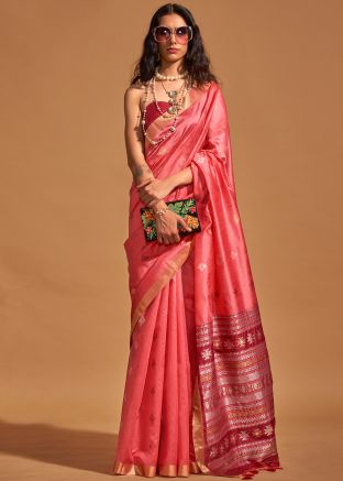 Pink Zari Woven Saree In Art Silk