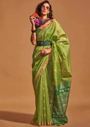 Green Zari Woven Saree In Art Silk