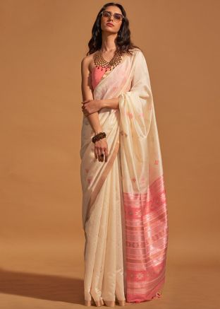 Cream Zari Woven Saree In Art Silk