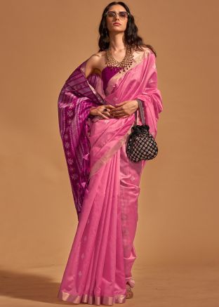 Pink Zari Woven Saree In Art Silk