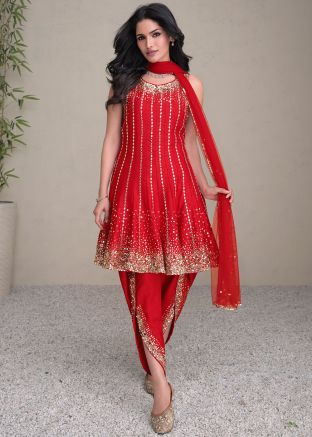Readymade Red Sequins Embellished Salwar Suit