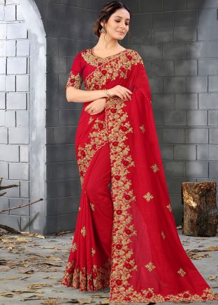 Red Embroidered Saree In Art Silk