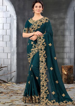 Teal Blue Embroidered Saree In Art Silk