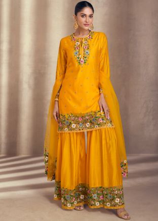 Readymade Yellow Embroidered Gharara Suit In Silk