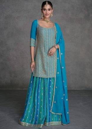 Blue Readymade Embroidered Sharara Suit In Georgette