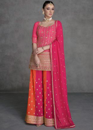 Readymade Pink Embroidered Georgette Sharara Suit Set