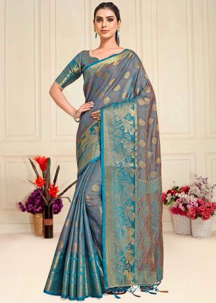 Blue Kanjivaram Silk Saree In Woven Work
