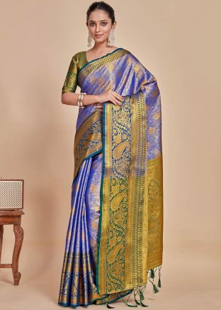 Blue Woven Kanjivaram Silk Saree & Blouse