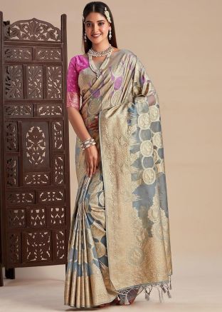Grey Banarasi silk Saree In Woven work