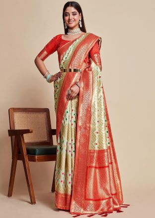 Cream Woven Work Saree In Kanjivaram Silk