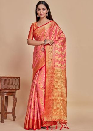 Pink Woven Work Saree In Kanjivaram Silk