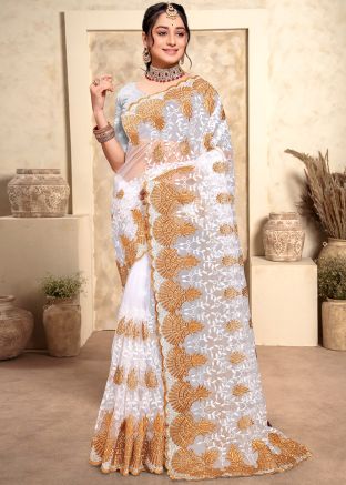 White Embroidered Saree In Net