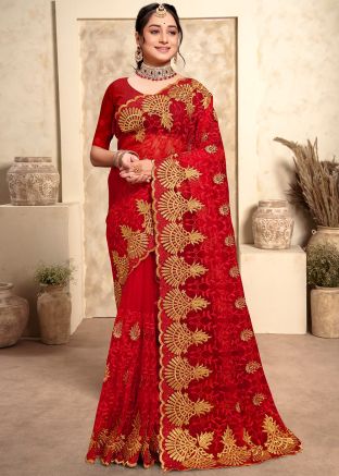 Red Embroidered Saree In Net