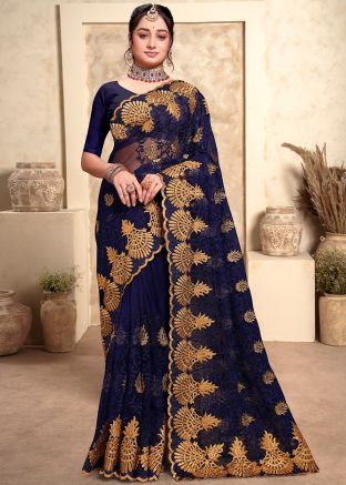 Blue Embroidered Saree In Net