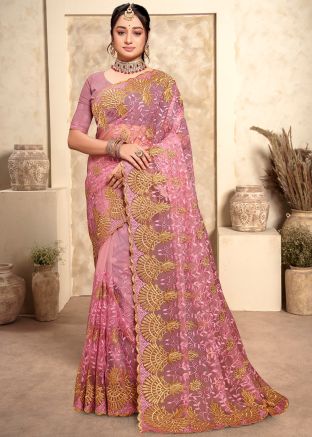 Pink Embroidered Saree In Net