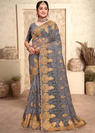 Grey Embroidered Saree In Net