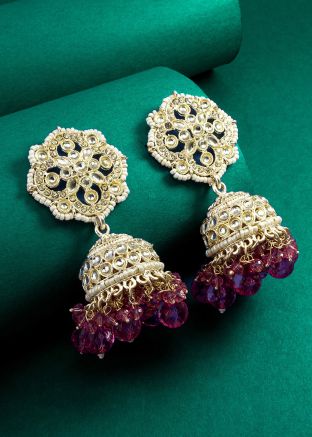 Pink Stone Work Jhumka Earrings