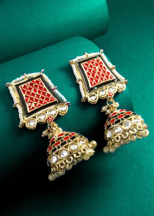 Red Meenakari Work Jhumka Earrings