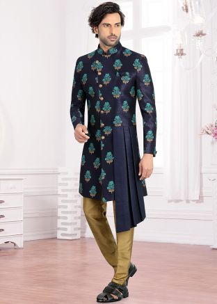 Navy Blue Floral Woven Asymmetric Sherwani With Pant