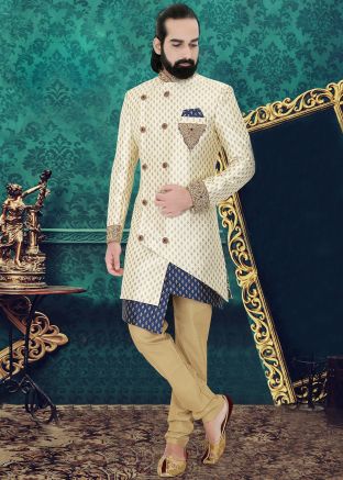 Cream Woven Asymmetric Indo Western Sherwani Churidar Set