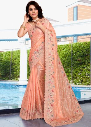 Peach Embroidered Saree In Crape