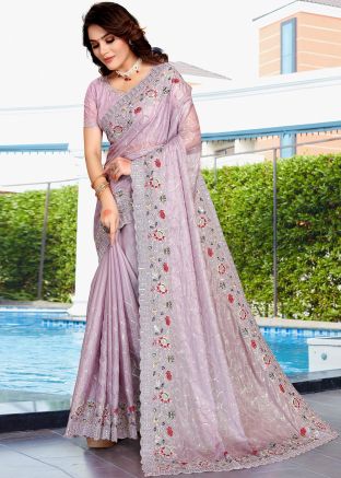 Purple Embroidered Saree In Crape