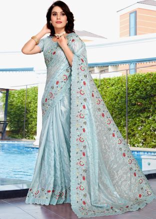 Blue Embroidered Saree In Crape