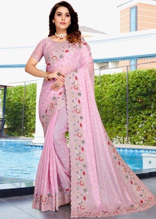 Pink Embroidered Saree In Crape