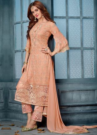 Light Orange Embroidered Pant Suit In Georgette