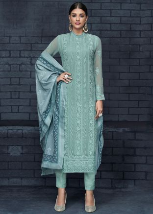 Blue Thread Embroidered Pant Suit Set