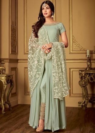Sonal Chauhan Pista Green Embroidered Slitted Pant Suit