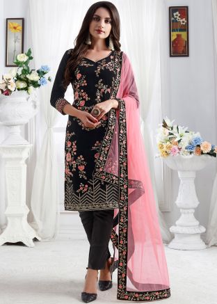 Black Embroidered Velvet Pant Suit
