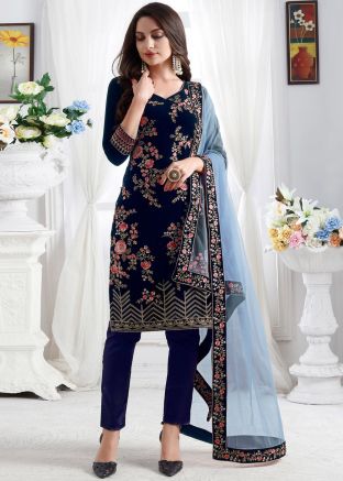 Blue Embroidered Velvet Pant Suit Set