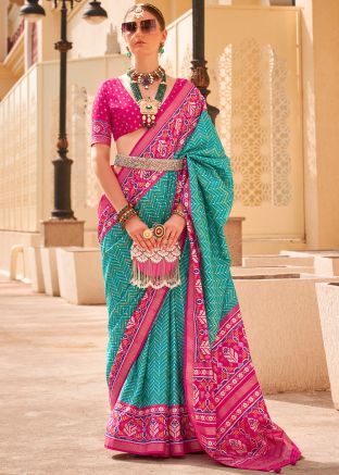 Turquoise Printed Work Viscose Saree