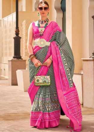 Grey Printed Work Saree & Blouse