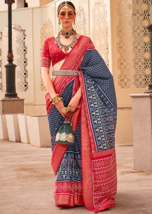 Navy Blue Printed Saree With Blouse