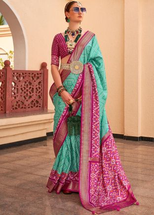 Turquoise Printed Saree & Blouse