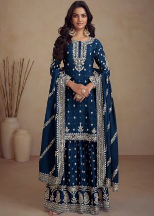 Blue Sequins Embroidered Salwar Suit In Chiffon