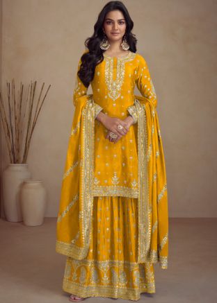 Yellow Sequins Embroidered Salwar Suit In Chiffon