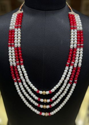 Red Groom Kantha Mala In Beads Work