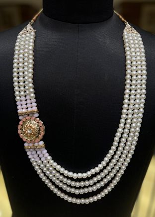 Cream Studded Groom Kantha Mala In Beads Work