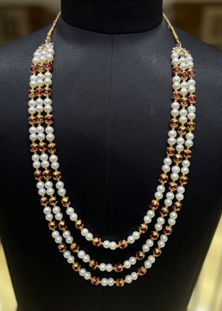 Cream Beaded Groom Kantha Mala In Multi Layer 